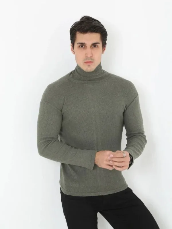 Erkek Haki Slim Fit Likralı Kaşkorse Boğazlı Body