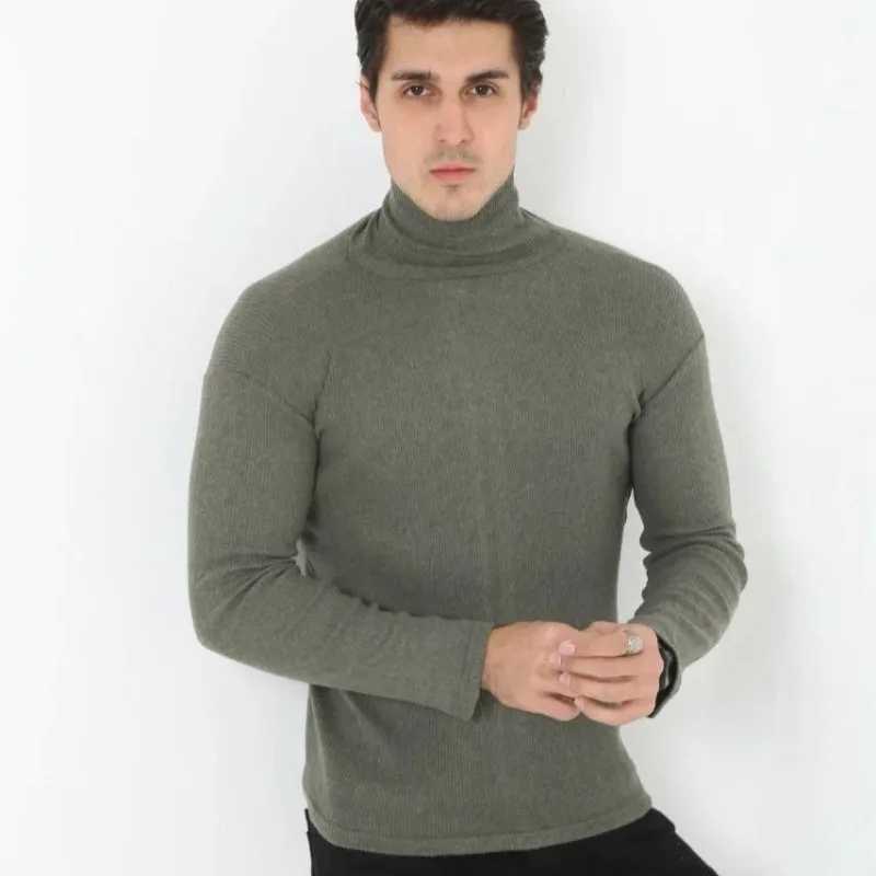 Pánské khaki slim fit lycrové kašmírové rolák body
