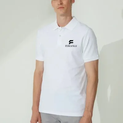Férfi Fehér Pike Polo Galléros Gombos Nyomott Póló 1