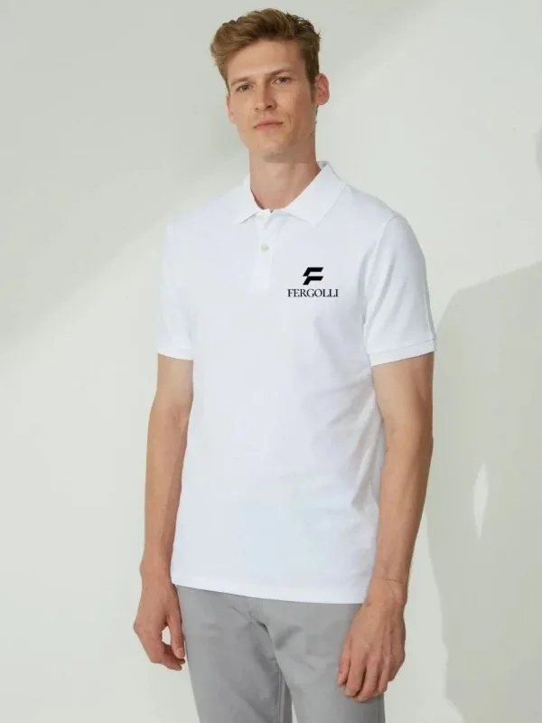 Férfi Fehér Pike Polo Galléros Gombos Nyomott Póló 1