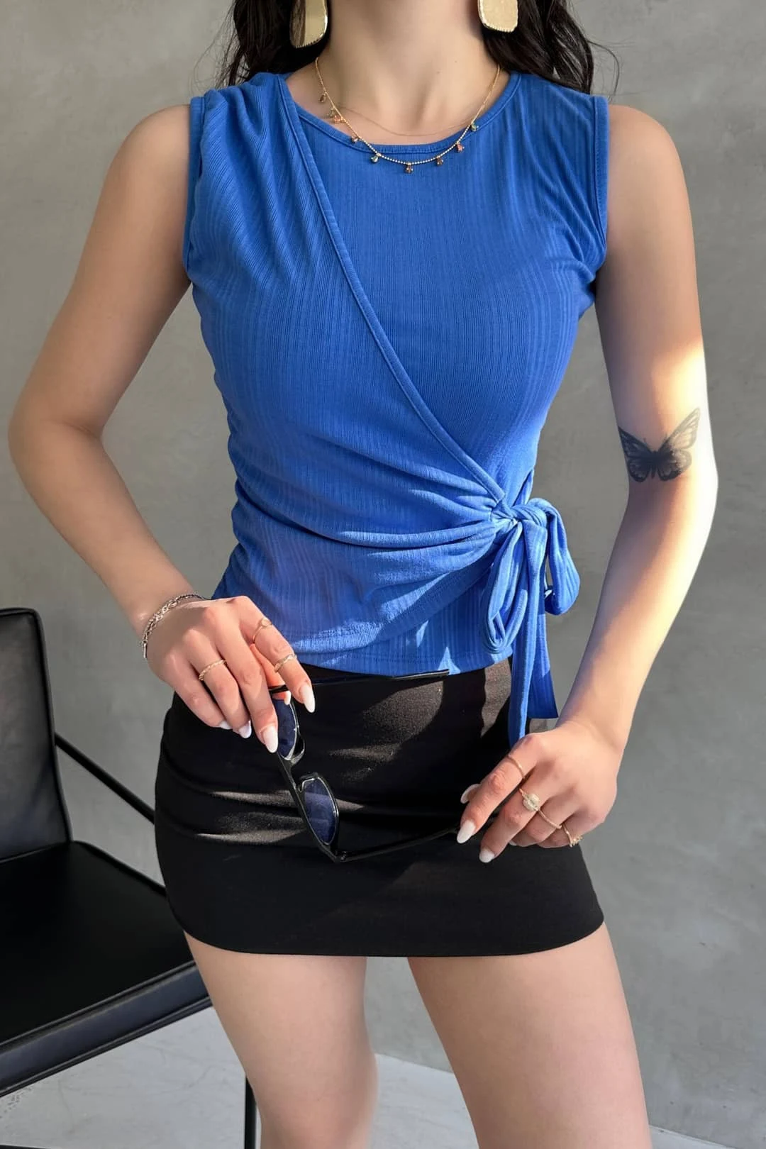 Strap Front Cross Tie Blouse Fuchsia