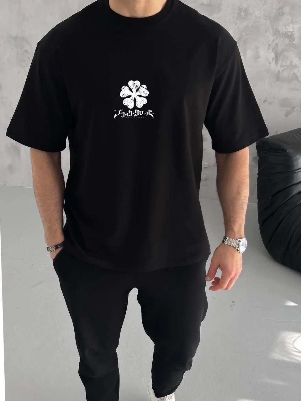Ανδρικό Μαύρο Oversize Ποδήλατο Λαιμό Τριφύλλι Τυπωμένο Μπλουζάκι