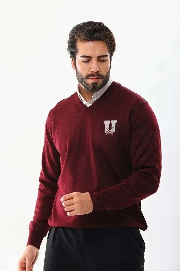 Burra Triko e Thurur Oversize me Jakë V Burgundy me Print