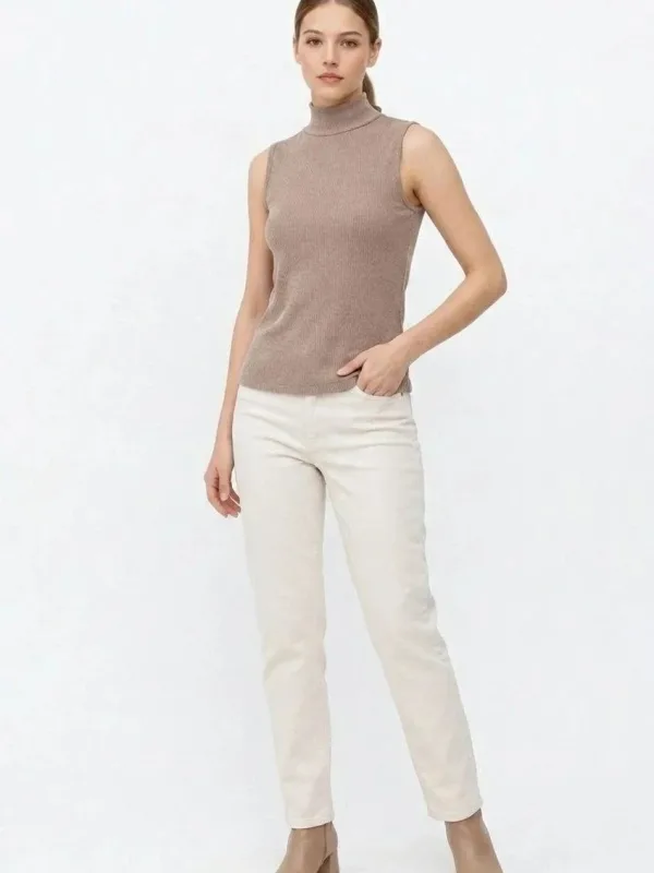 Women's Beige Ribbed Half Turtleneck Basic Bodysuit Tank Top 3