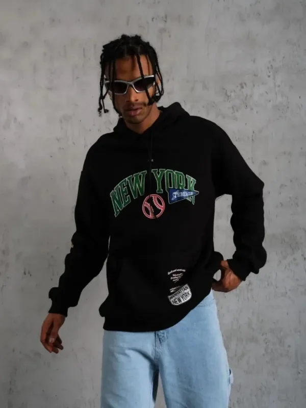 Mêr Reş Oversize 3 Têl Pembo Kapûşonî Çapkirî Sweatshirt 3