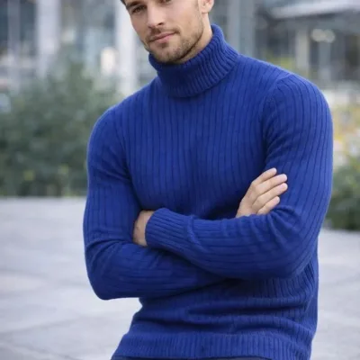 Pánský indigo regular fit silný žebrovaný rybářský výstřih triko svetr 4