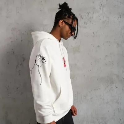 Bărbați Alb Oversize 3 Fire Bumbac Imprimat Glugă Sweatshirt 2