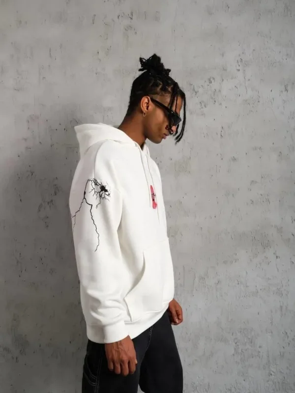 Bărbați Alb Oversize 3 Fire Bumbac Imprimat Glugă Sweatshirt 2