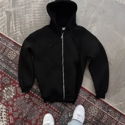 Qadın Qara Tam Fermuarlı Başlıqlı Cibli Pambıqlı Hırka 2