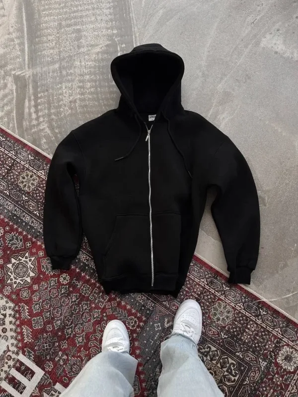 Qadın Qara Tam Fermuarlı Başlıqlı Cibli Pambıqlı Hırka 2