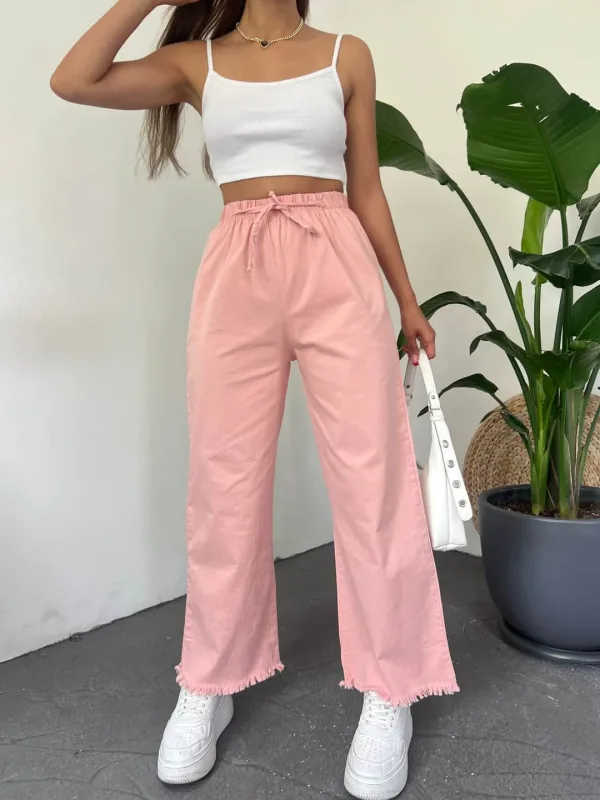 Fringed Hem Palazzo Pants Powder 3
