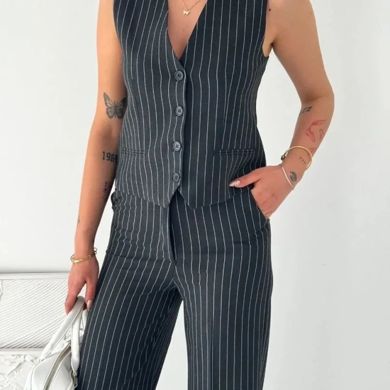 Women's Smoke Gray Striped Tansel Fabric Two-Piece Office Set
