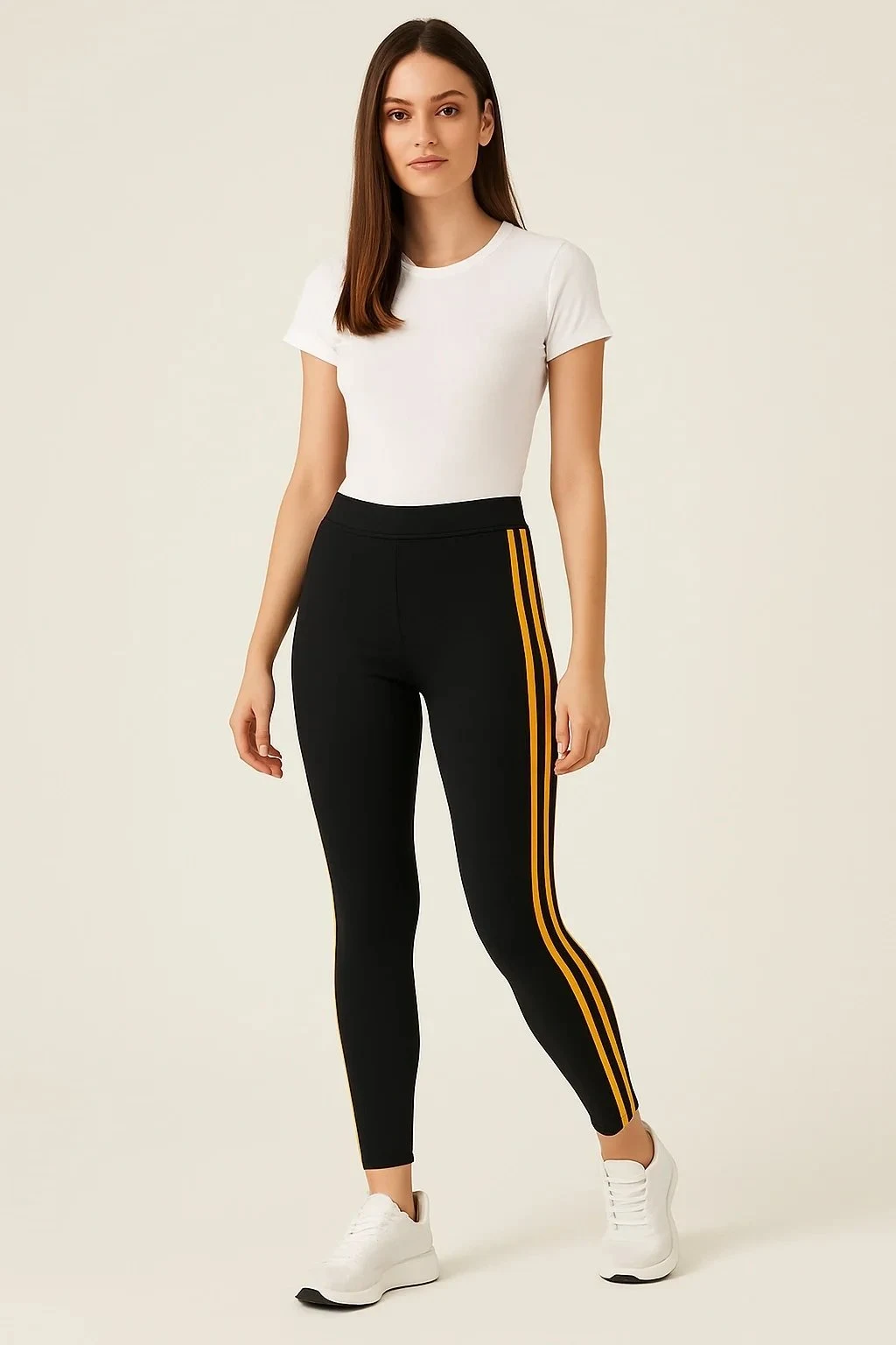 Women's Black Side Yellow Striped Spandex Sports Tights