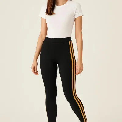 Women's Black Side Yellow Striped Spandex Sports Tights 1