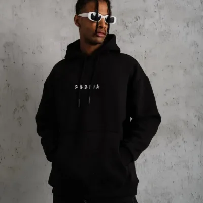 Muški crni oversize 3-niti pamučni s kapuljačom tiskani sweatshirt 2