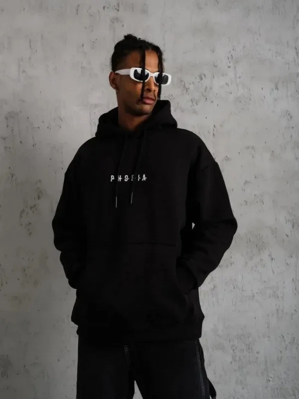 Muški crni oversize 3-niti pamučni s kapuljačom tiskani sweatshirt 2
