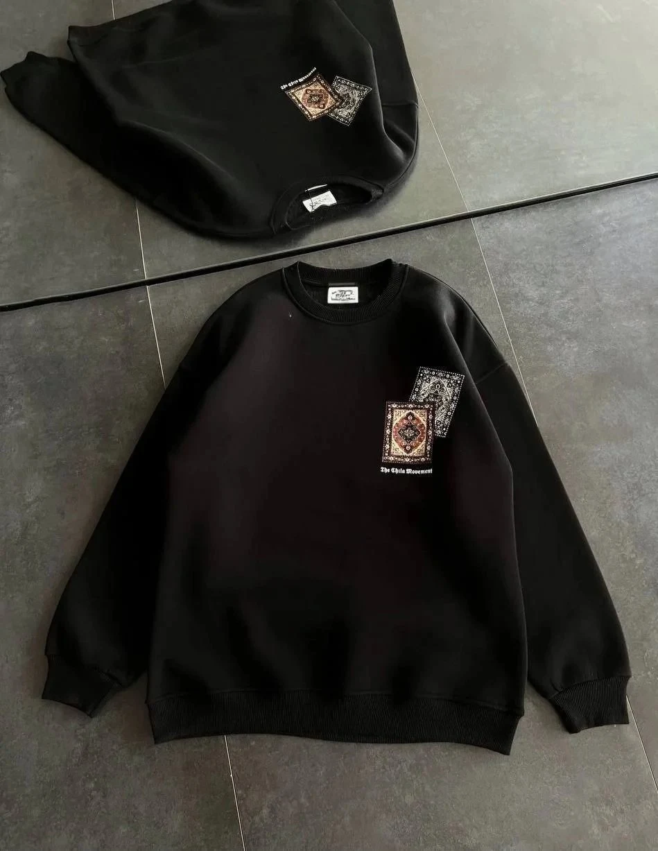 Dámsky čierny cyklistický golier koberec potlačený 3-niťový bavlnený sweatshirt