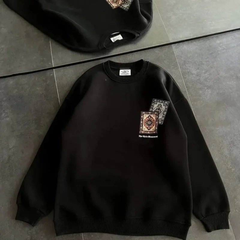 Women's Black Scoop Neck Kilim Print 3-Thread Cotton Sweatshirt