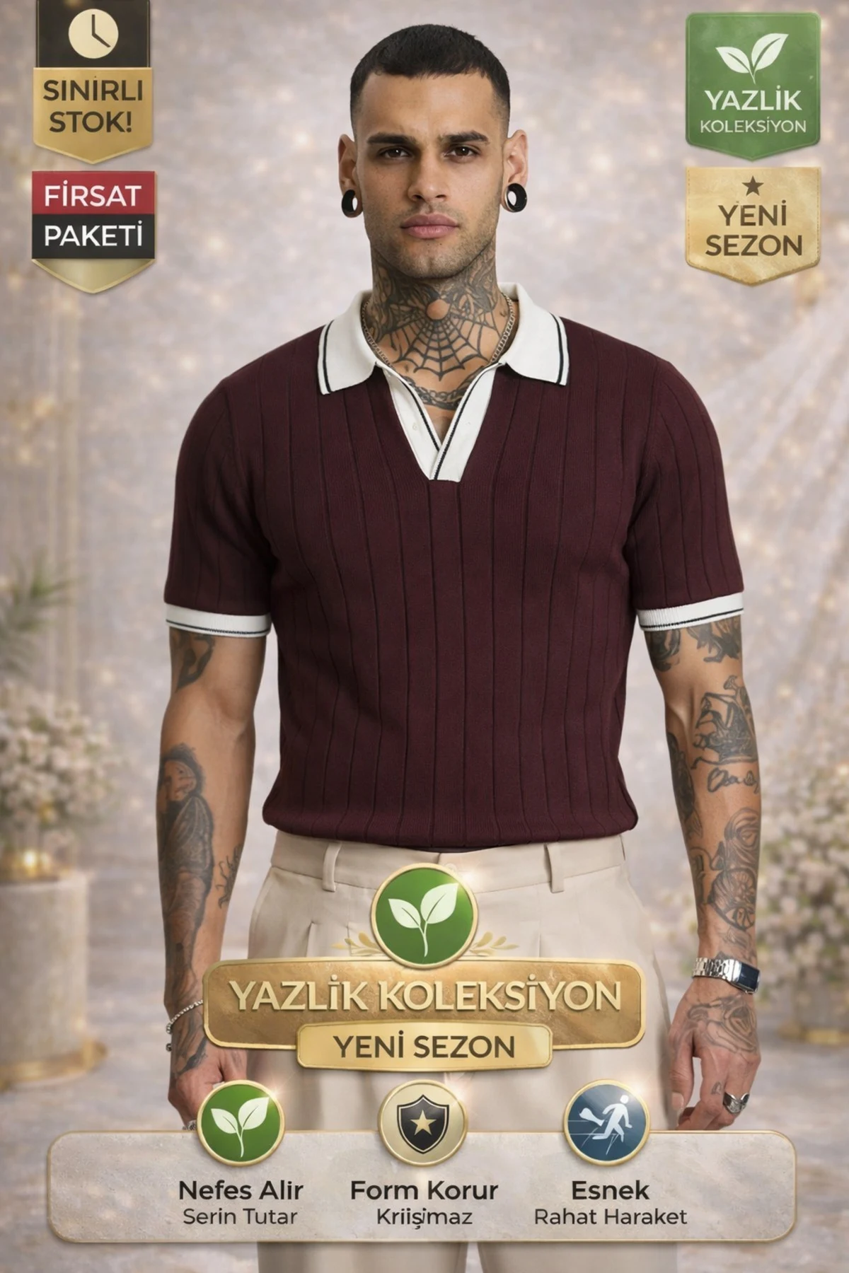 Erkek Bordo Basic Kısa Kollu Polo Yaka Triko Tişört