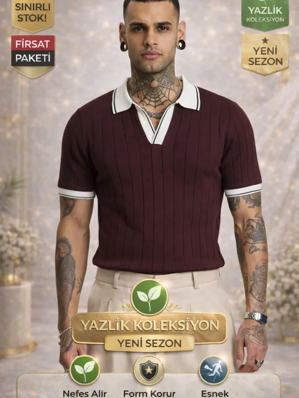 Bordo Erkek Toscana Triko Basic Kısa Kollu Polo Yaka Tişört