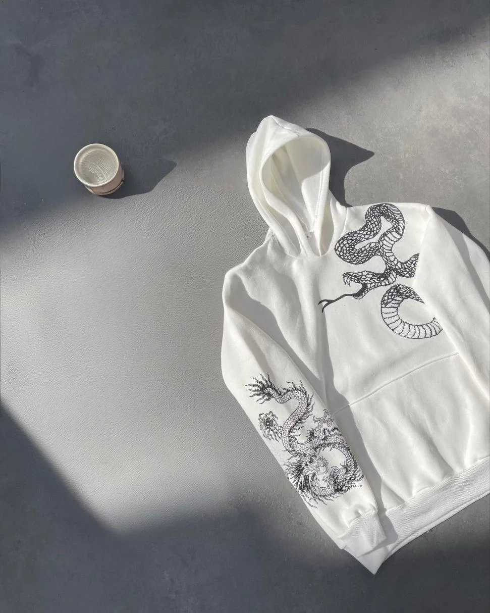 Damski Biały Oversize Kaptur Nadruk 3-nitkowy Bawełniany Sweatshirt 4