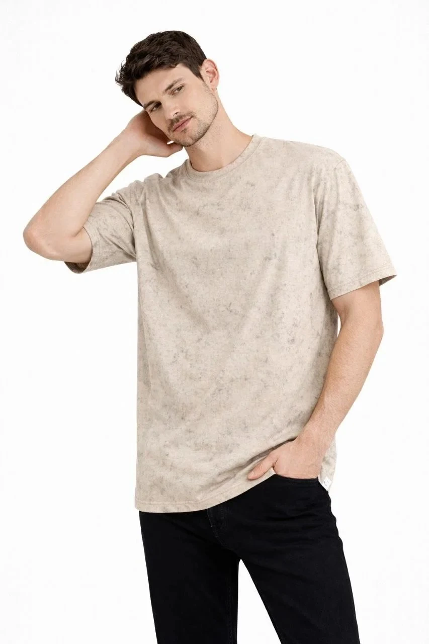 Ανδρικό Μπεζ Oversize Acid Wash Ποδήλατο Λαιμόκοψη Μπλουζάκι