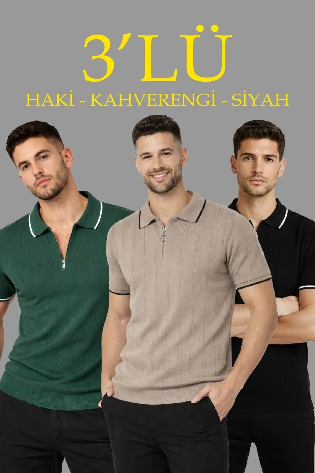 T-Shirtê Mêran ê Koma 3'yî Bi Zîp û Stûyê Polo Ji Trikoyê