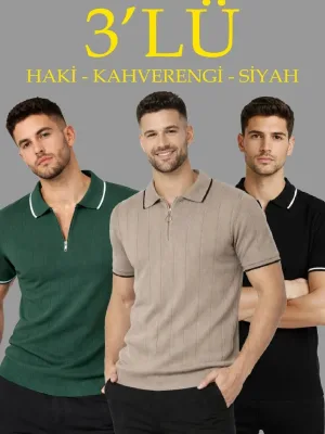 T-Shirtê Mêran ê Koma 3'yî Bi Zîp û Stûyê Polo Ji Trikoyê