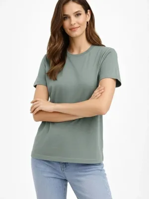 Damski miętowo-zielony regular T-shirt z dekoltem w serek, krótki rękaw, gładki