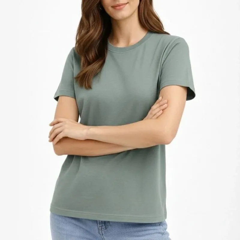Damski miętowo-zielony regular T-shirt z dekoltem w serek, krótki rękaw, gładki