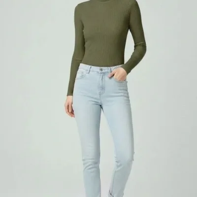 Qadın Haki Tam Boğazlı Fitilli Likralı İncə Uzun Qollu Kaşkorse Badi 2