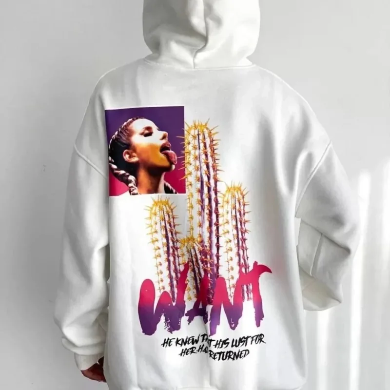 Damski Biały Oversize Kaptur z Kieszenią Nadruk Bawełniany Sweatshirt