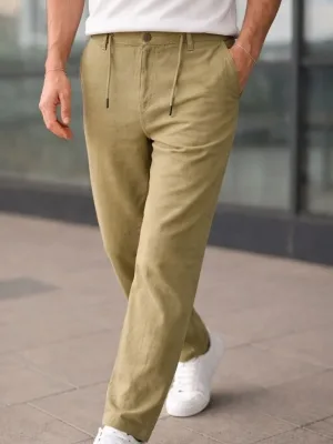 Pánské mátově zelené lněné kalhoty s gumou v pase, kapsami a zipem
