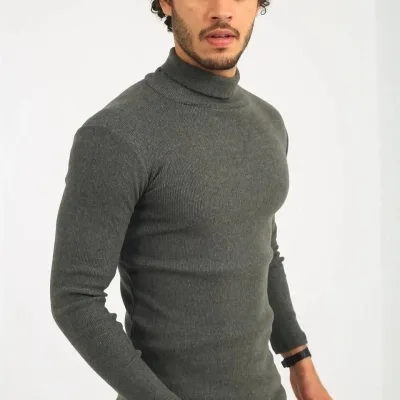 Męski sweter body khaki, golf, prążkowany, z lycry 2