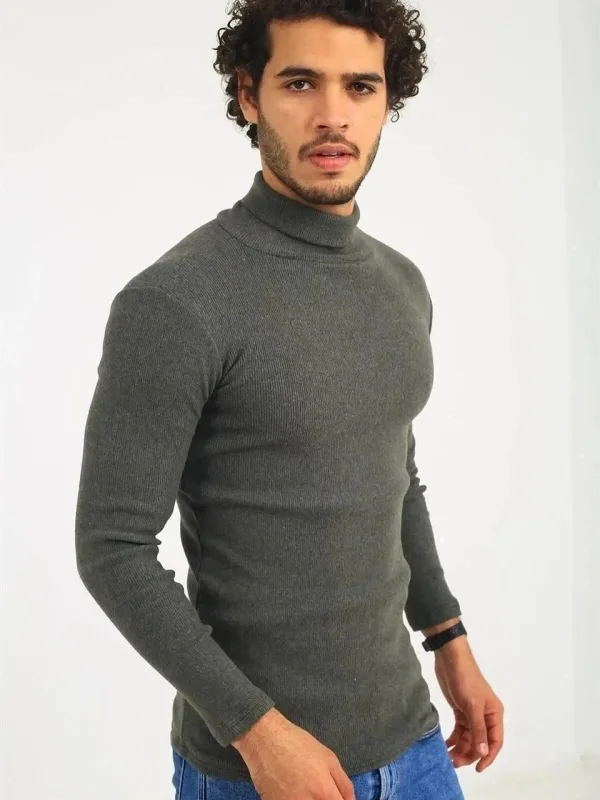 Męski sweter body khaki, golf, prążkowany, z lycry 2