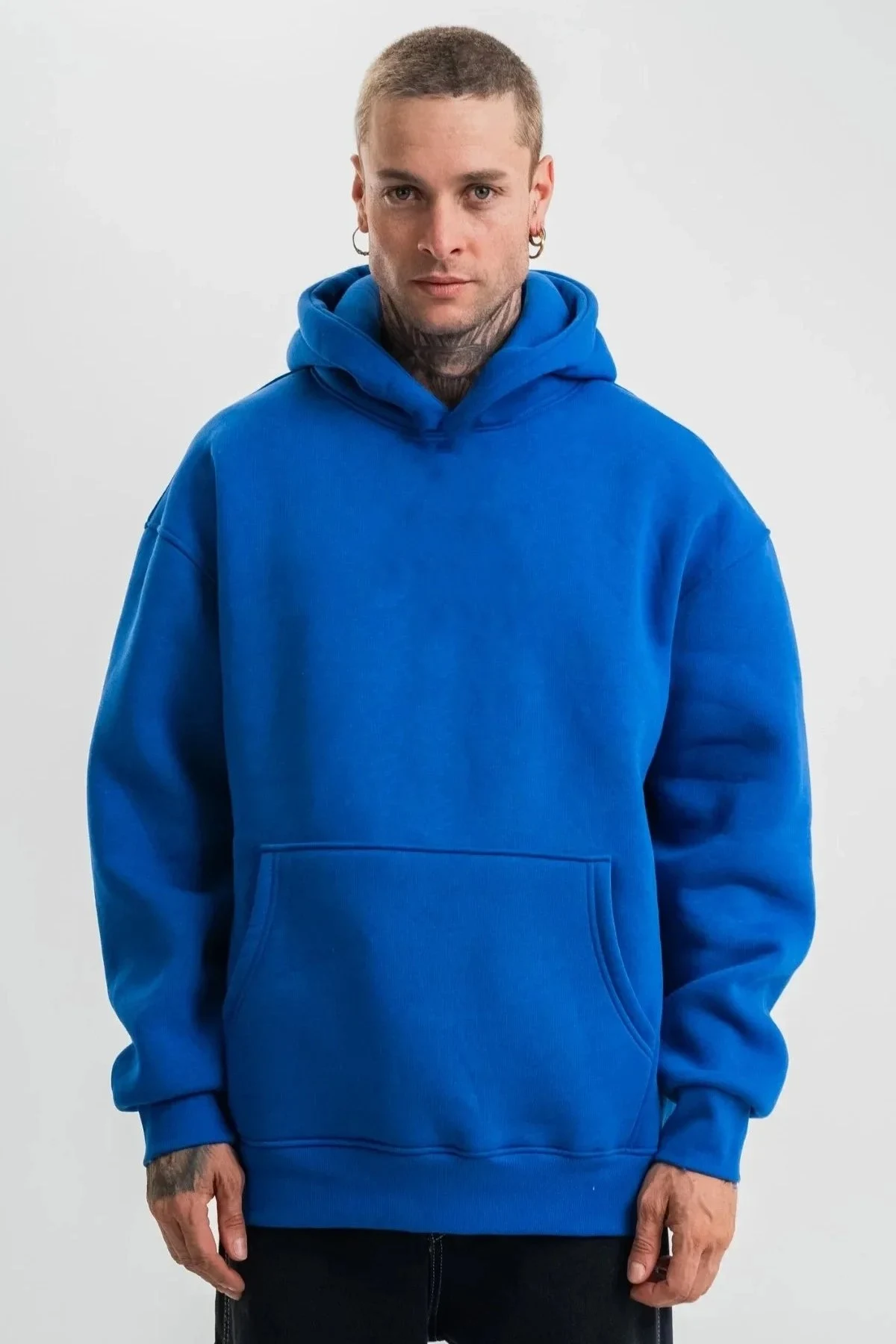 Muški plavi oversize 3-nitni pamučni kapuljačasti sweatshirt s klokan džepom