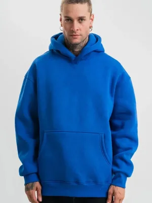 Muški plavi oversize 3-nitni pamučni kapuljačasti sweatshirt s klokan džepom