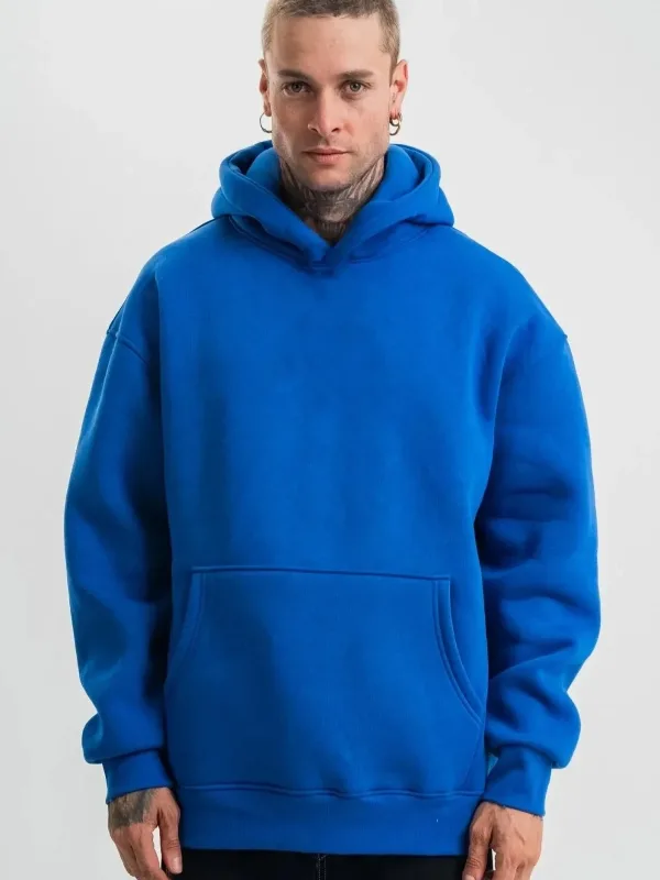Muški plavi oversize 3-nitni pamučni kapuljačasti sweatshirt s klokan džepom 1