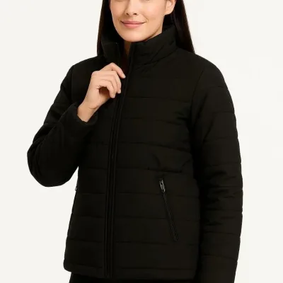 Women's Black Waterproof Quilted Lined Zippered Bomber Jacket 5
