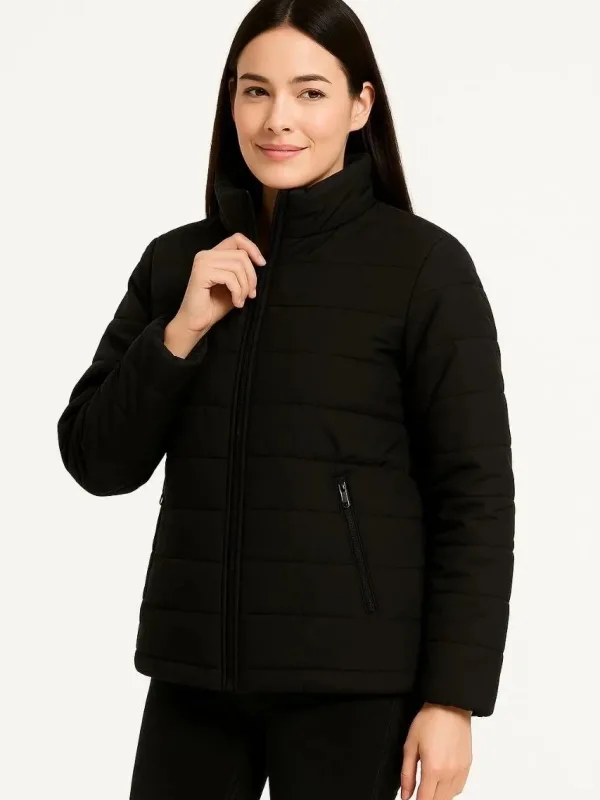 Women's Black Waterproof Quilted Lined Zippered Bomber Jacket 5