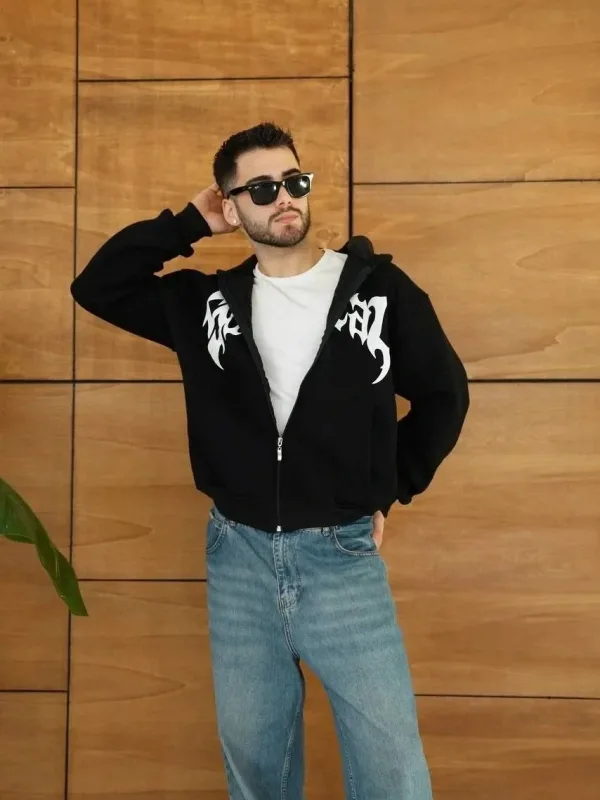Męska czarna oversize bluza z kapturem, zapinana na zamek, z nadrukiem, 3-nitkowa, drapana 1
