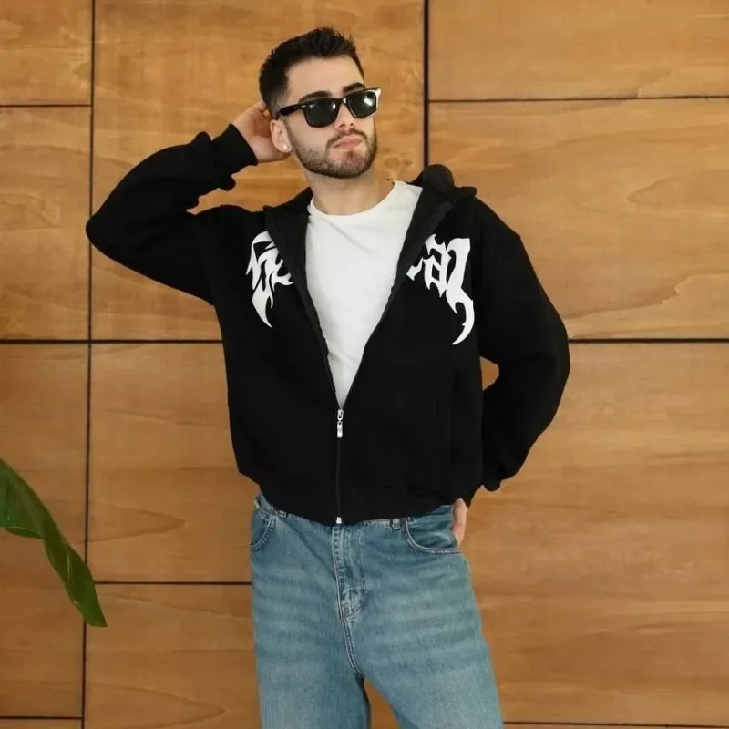 Męska czarna oversize bluza z kapturem, zapinana na zamek, z nadrukiem, 3-nitkowa, drapana
