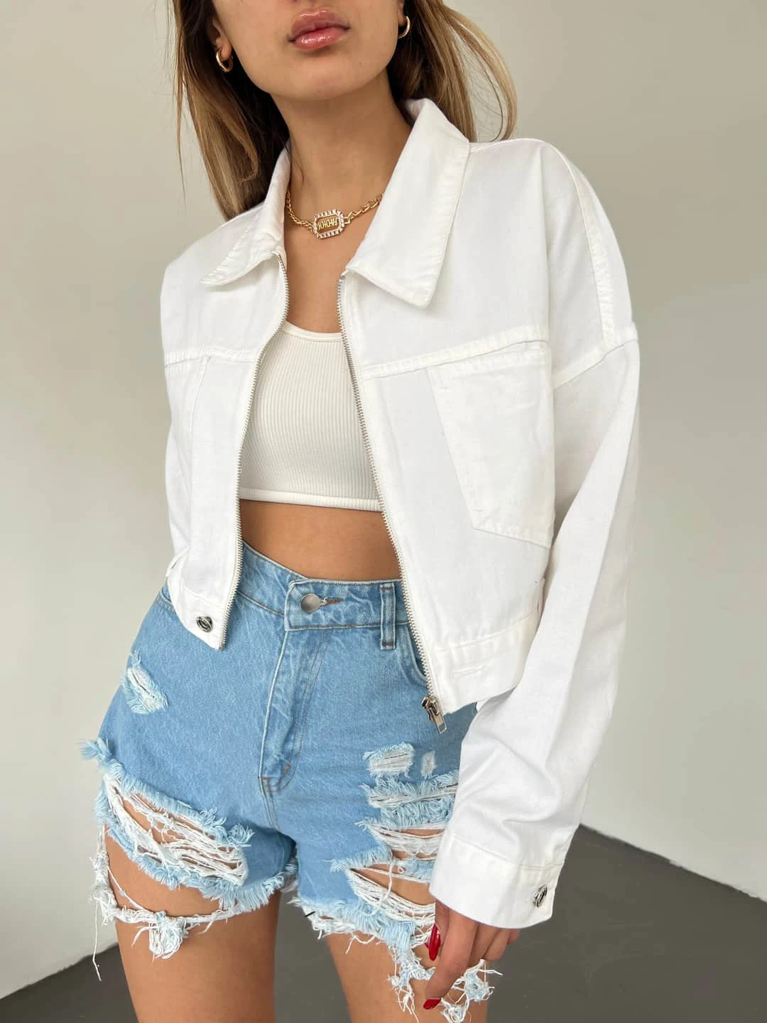 Fermuarlı Cibli Denim Ceket Ağ