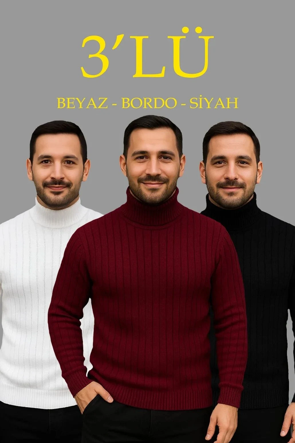 Kişi Ağ Bordo Qara 3'lü Dəst Tam Boğazlı Qabırğalı Triko Sviter