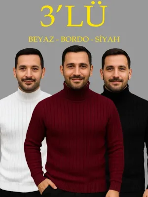 Kişi Ağ Bordo Qara 3'lü Dəst Tam Boğazlı Qabırğalı Triko Sviter