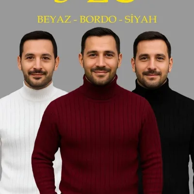 Kişi Ağ Bordo Qara 3'lü Dəst Tam Boğazlı Qabırğalı Triko Sviter 1