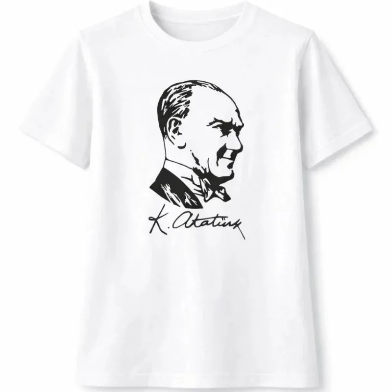 Dětské bílé tričko s kulatým výstřihem, potisk Atatürk, krátký rukáv
