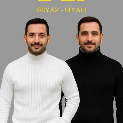 Ανδρικό Λευκό-Μαύρο Ριμπ Γύρο Λαιμό Πλεκτό Πουλόβερ 2τεμ Σετ 1