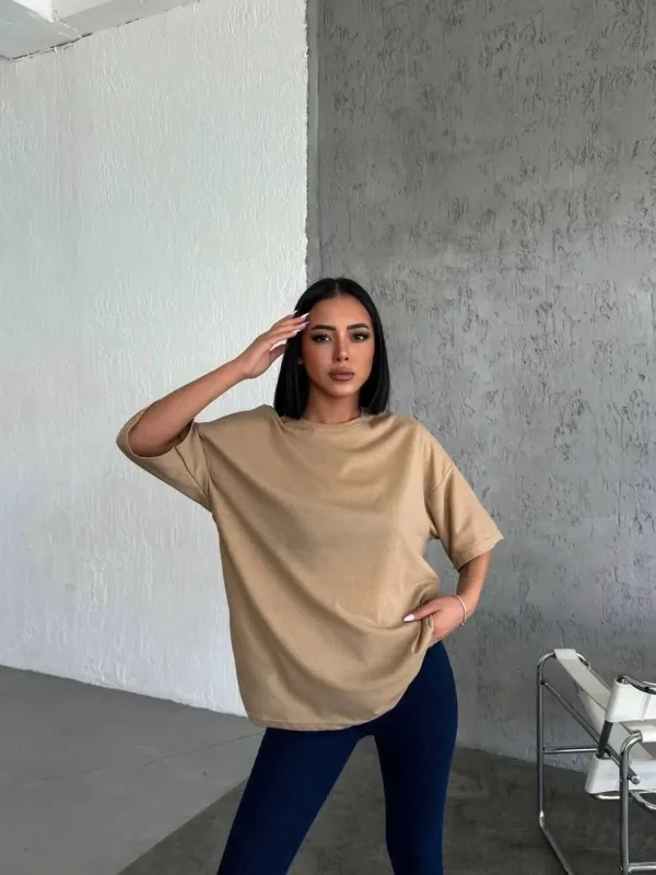 Kobiecy Beżowy Oversize Rowerowy Kołnierz Gładki Krótki Rękaw T-shirt 1
