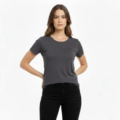 Damski dymiony slim fit T-shirt z dekoltem w serek, elastyczny, podstawowy 3